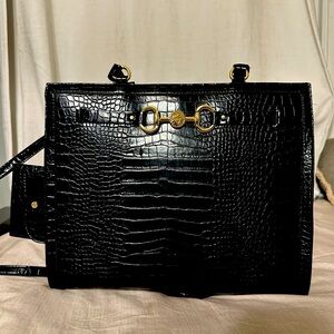 Ann Klein black crocodile embossed tote bag